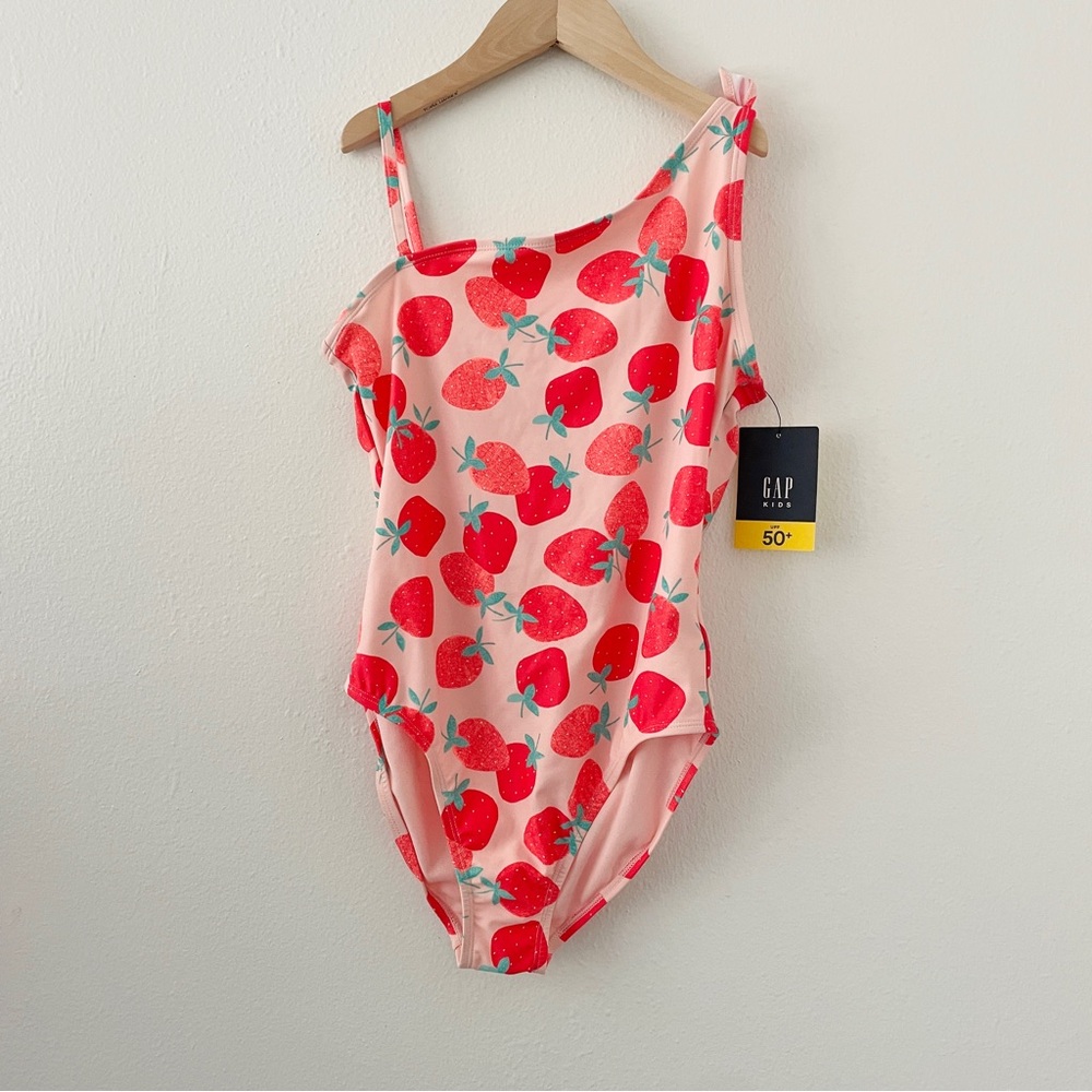 NWT Gap Kids Strawberry Faux Tie Shoulder One Piece Swimsuit Bathing Suit UPF 50